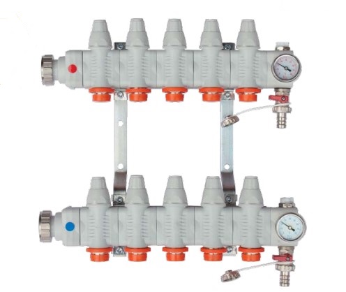 Distribuitor din plastic cu valve de inchidere si valve termostatice